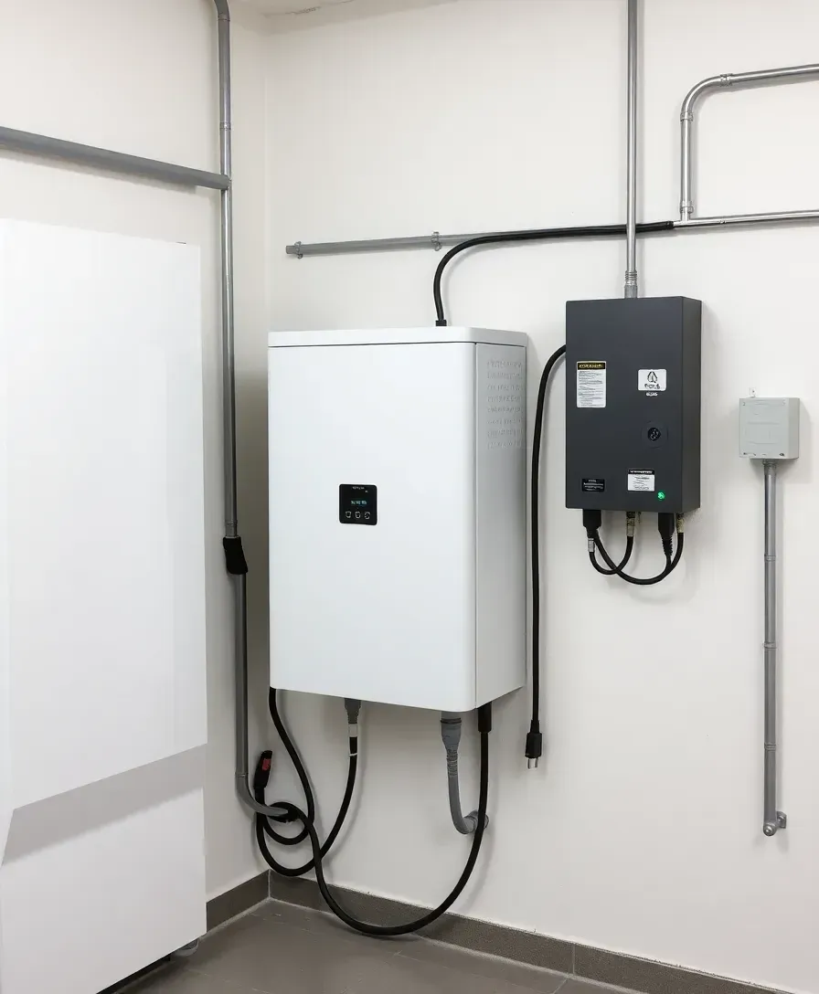 Home battery storage unit mounted on a garage wall